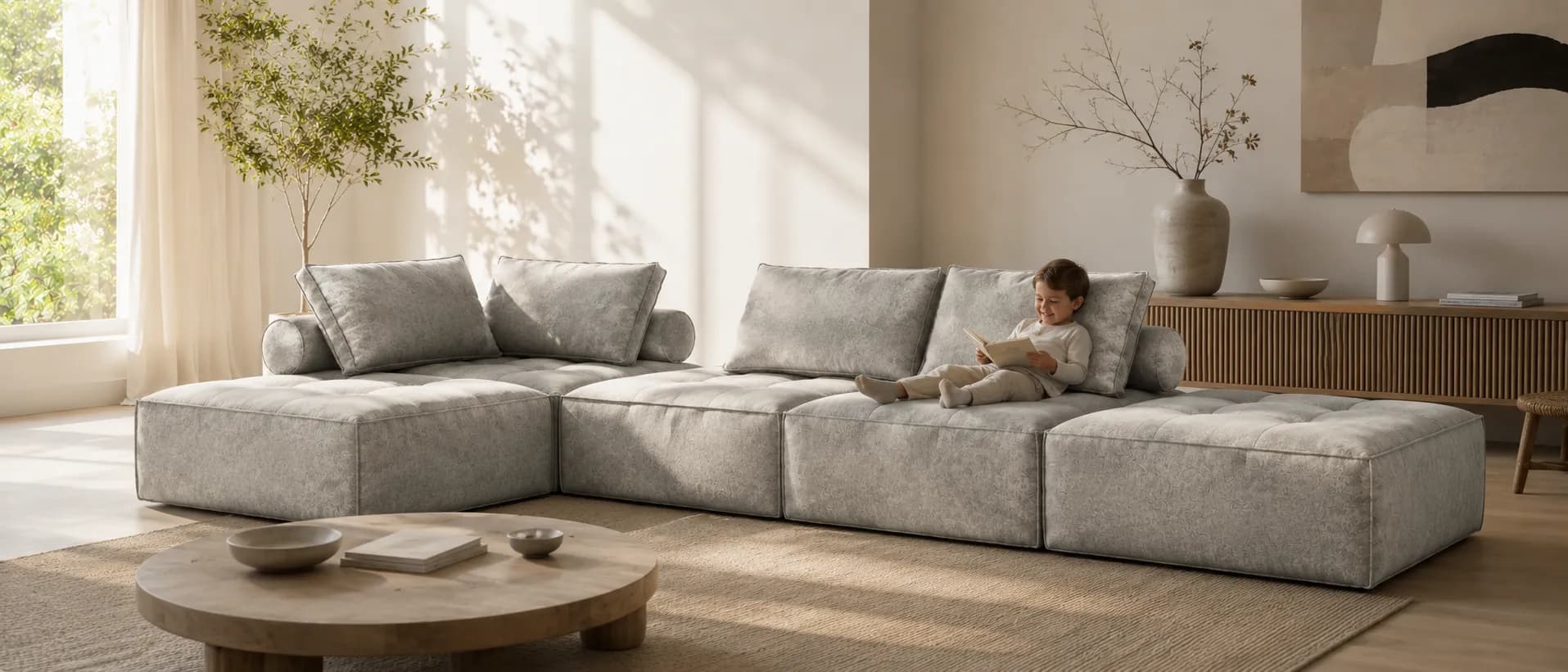 A child reading on a low modular Homei Living sofa in a calm, sunlit living room